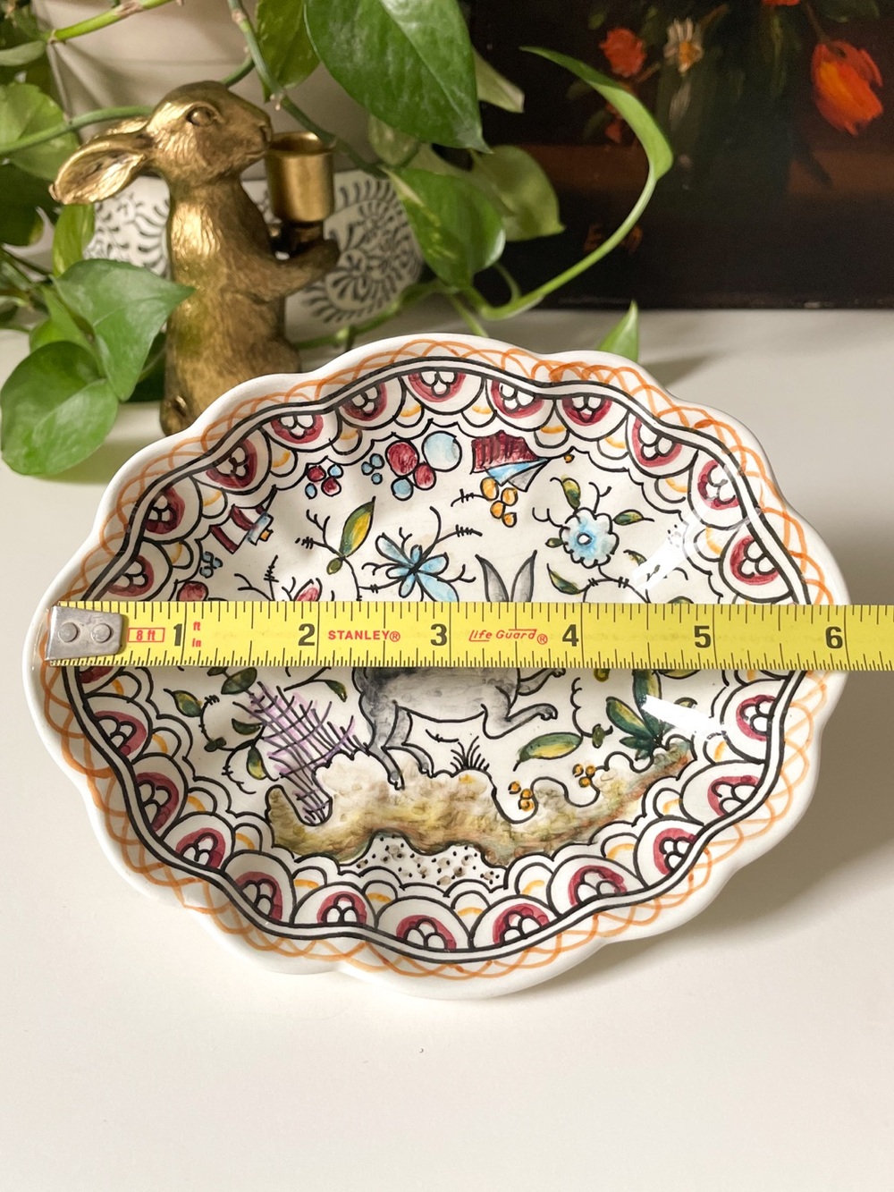 Coimbra Portugal Hand Painted Ceramic Scalloped Floral Rabbit Trinket Dish - Picture 4 of 8